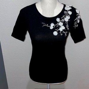 WHBM Black Short Sleeve Light Sweater with Floral Embellishments